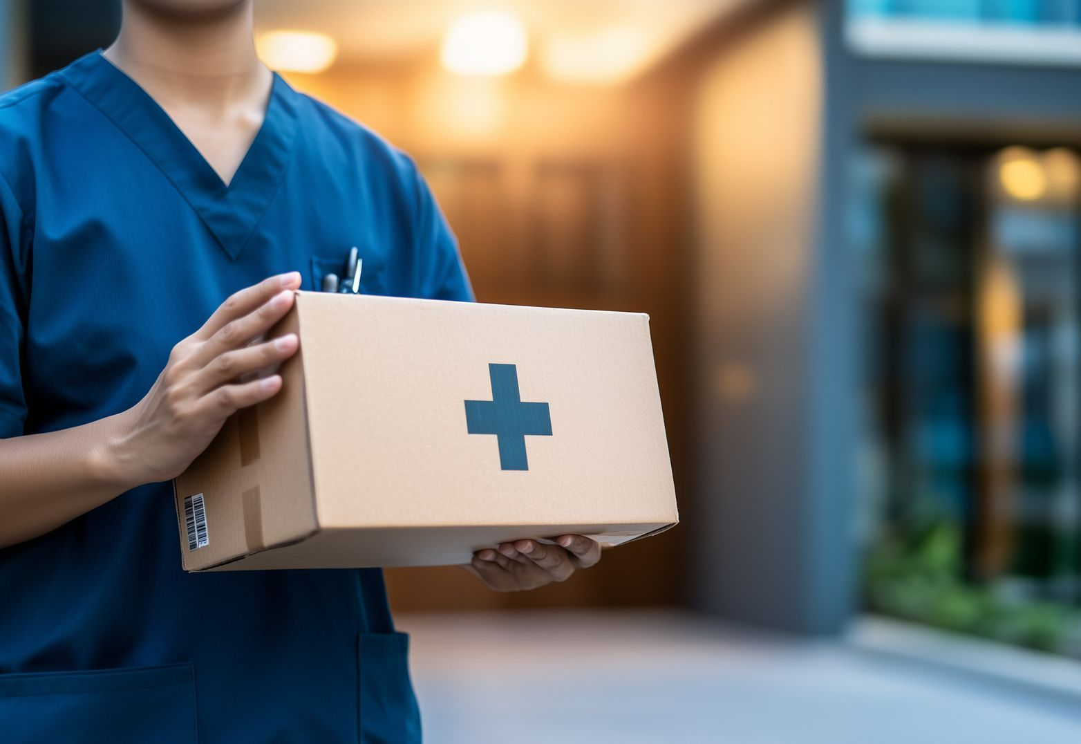 Une femme en blouse bleue tenant un colis avec une croix de santé