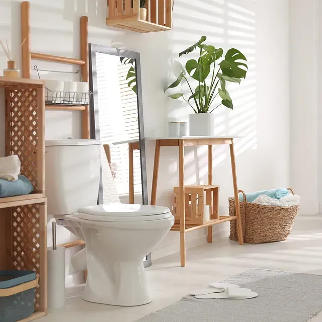 Un baño con inodoro y espejo.