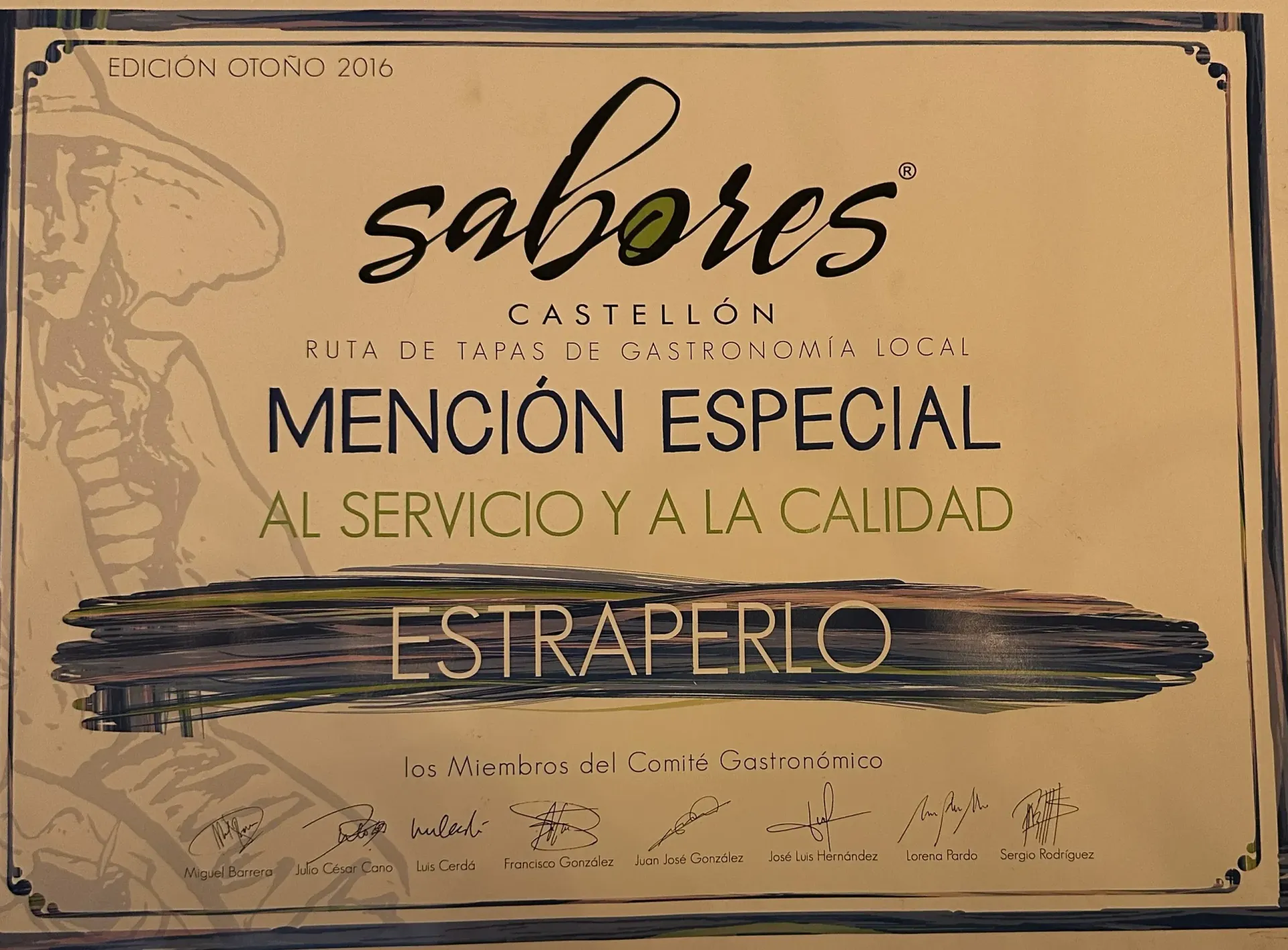 Cartel: Premio “Sabores Castillon” al servicio y calidad, con ilustración y la palabra “Estraperlo”.