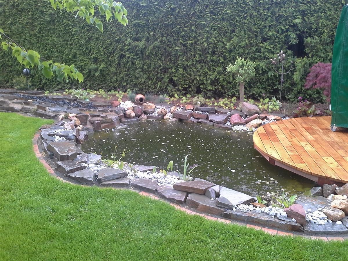 Ein Teich mit einem Holzdeck in der Mitte