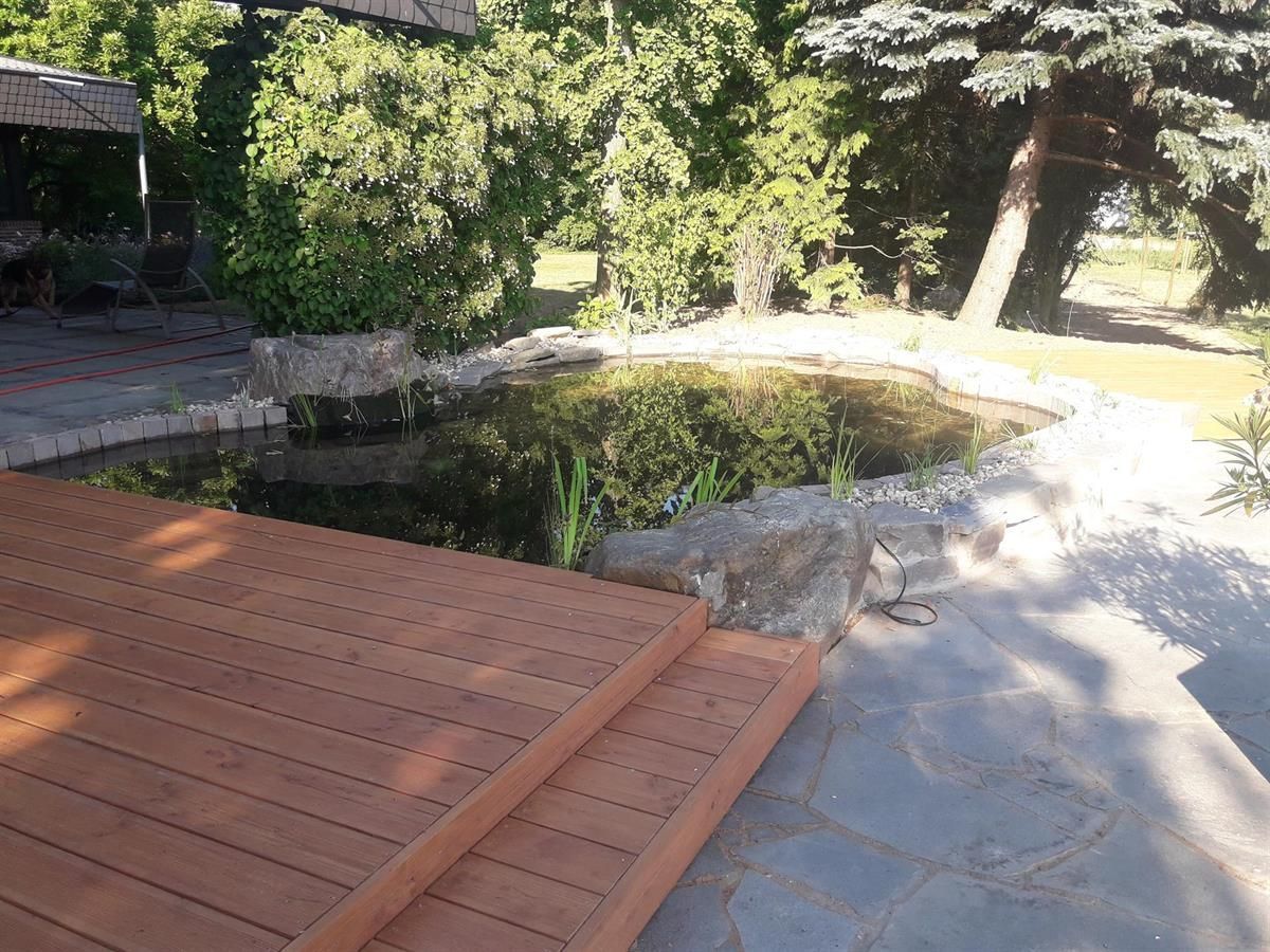 Ein Holzdeck mit Treppen, die zu einem Teich führen