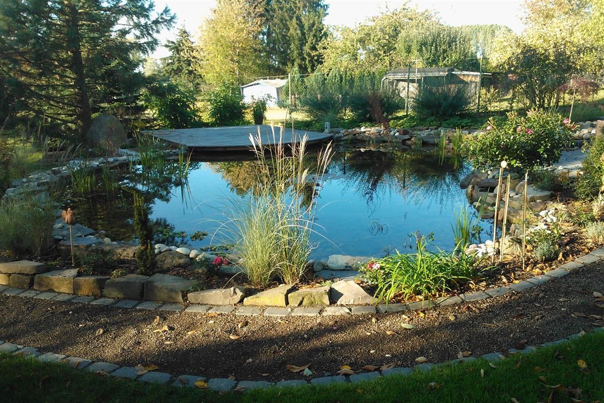 Ein großer Teich, umgeben von Felsen und Bäumen