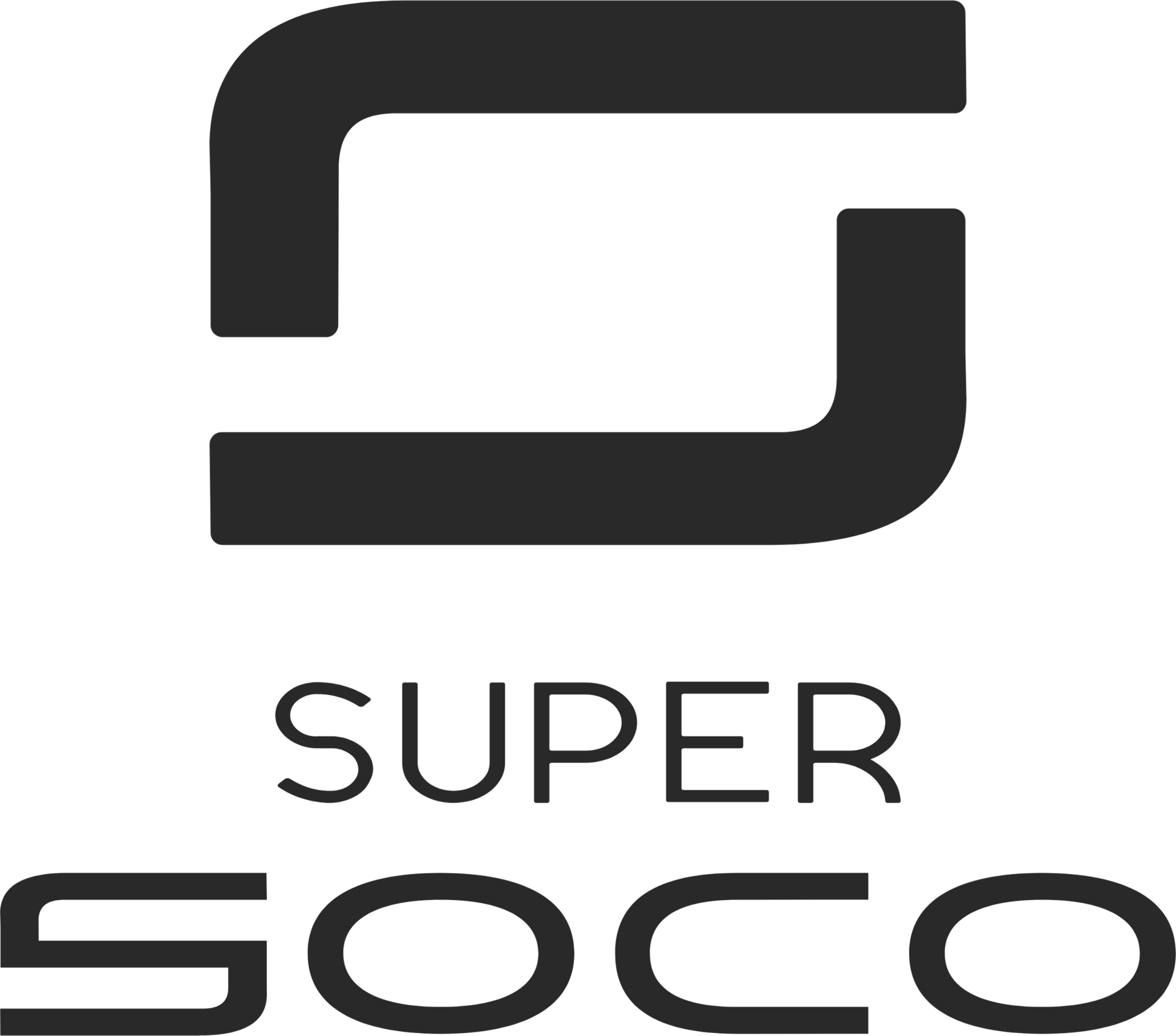 Schwarzes Super Soco-Logo: stilisierte, verbundene