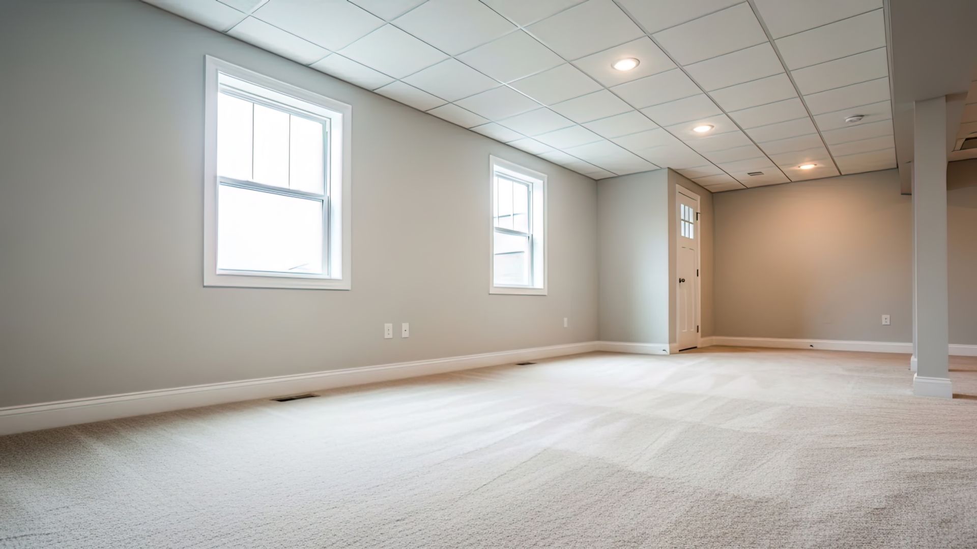 Une pièce spacieuse et vide au sous-sol, avec des murs gris clair, de la moquette beige, deux fenêtres et un faux plafond.
