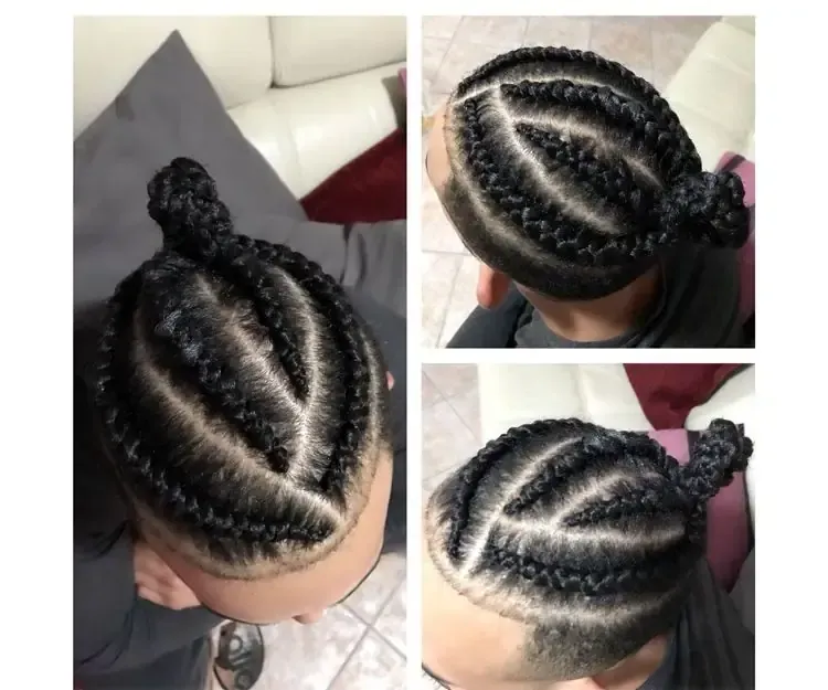 Perfil de una mujer con el cabello trenzado cayendo hacia atrás sobre un fondo gris liso.