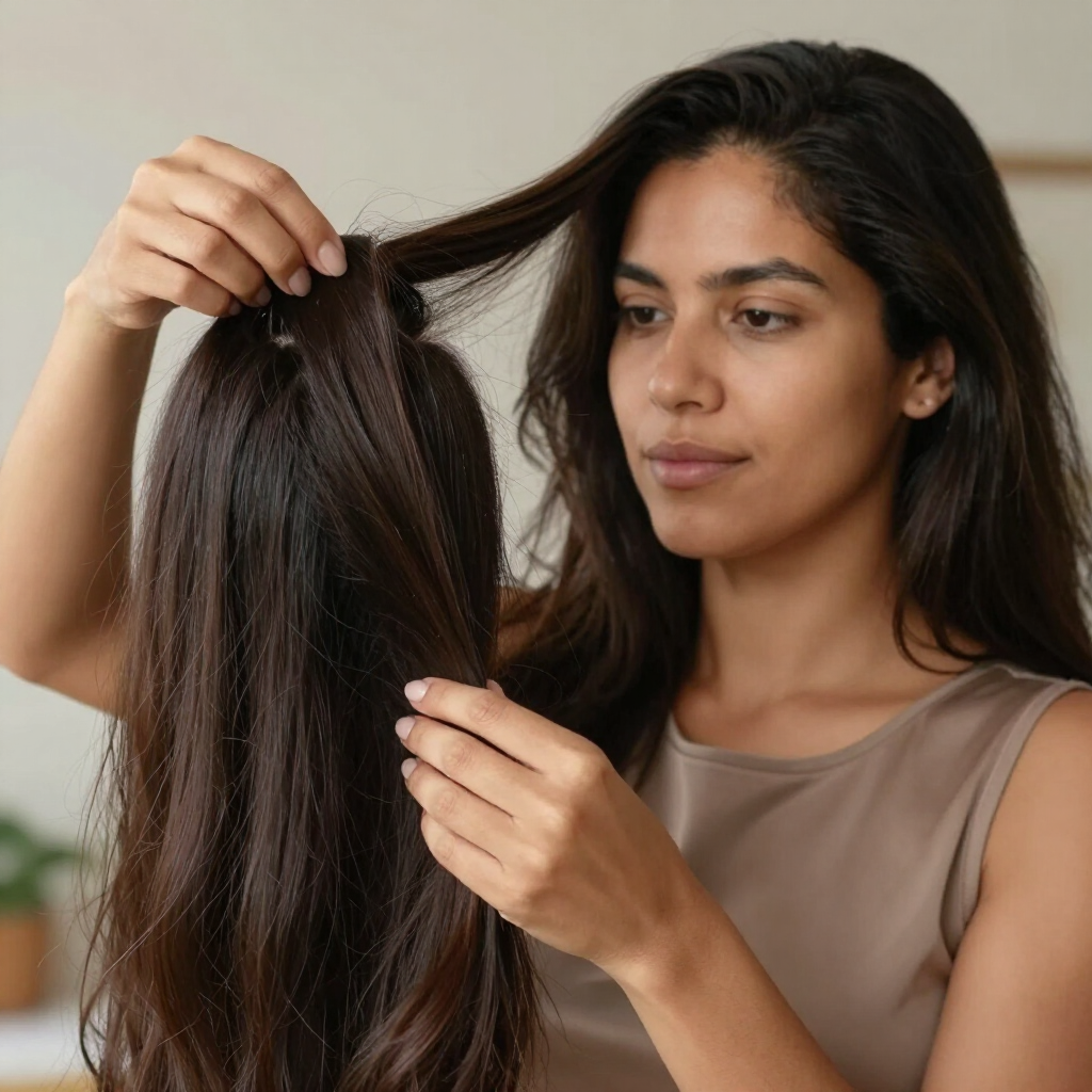 Mujer sosteniendo y examinando una extensión de cabello castaño oscuro sobre un fondo liso.