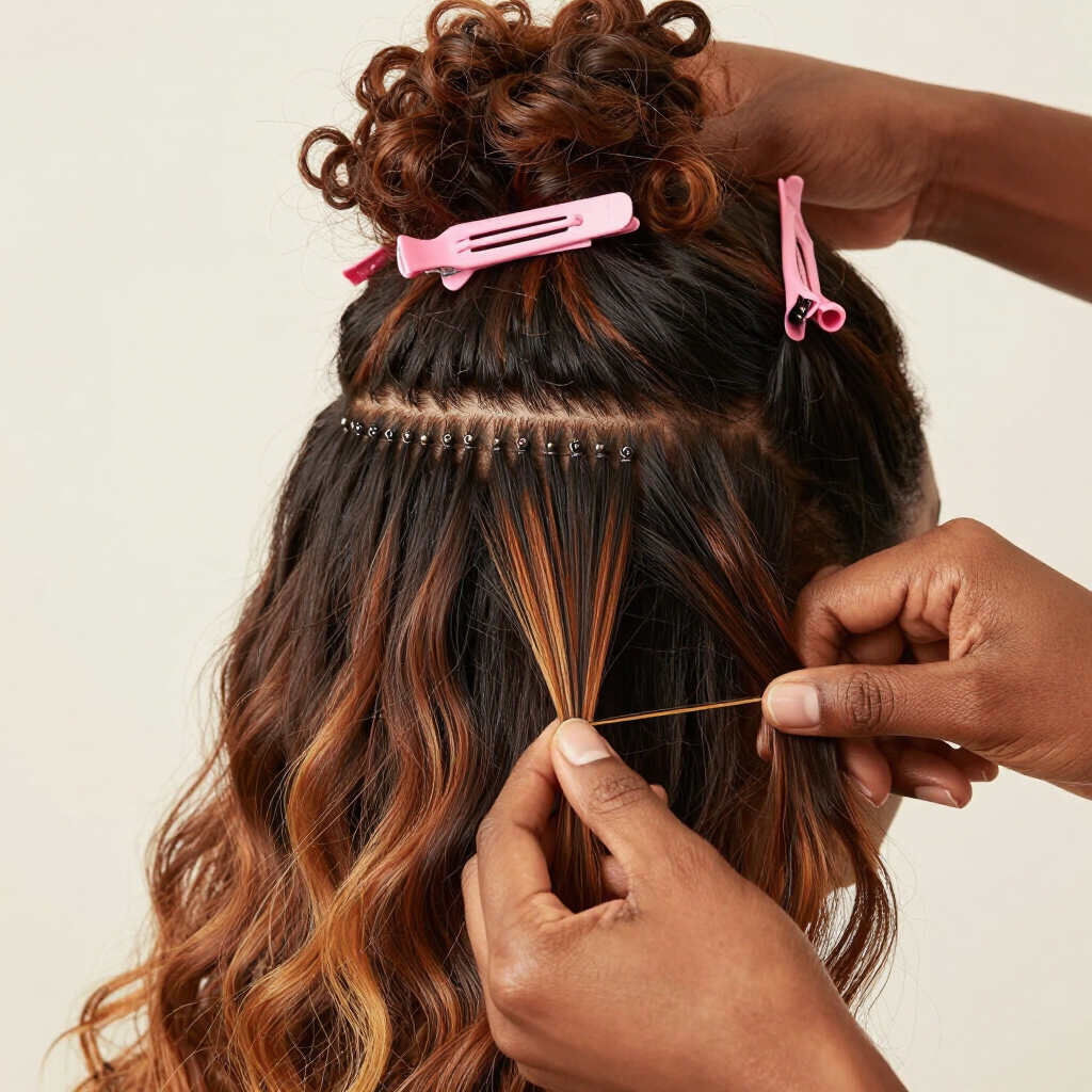 Peluquera trenzando cabello oscuro con reflejos cobrizos, usando pinzas y un peine.