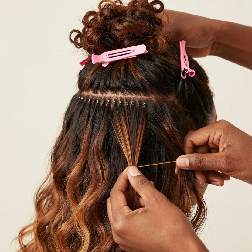 El cabello se está trenzando con un peine de cola de rata y pinzas rosas que sujetan las secciones en su lugar.