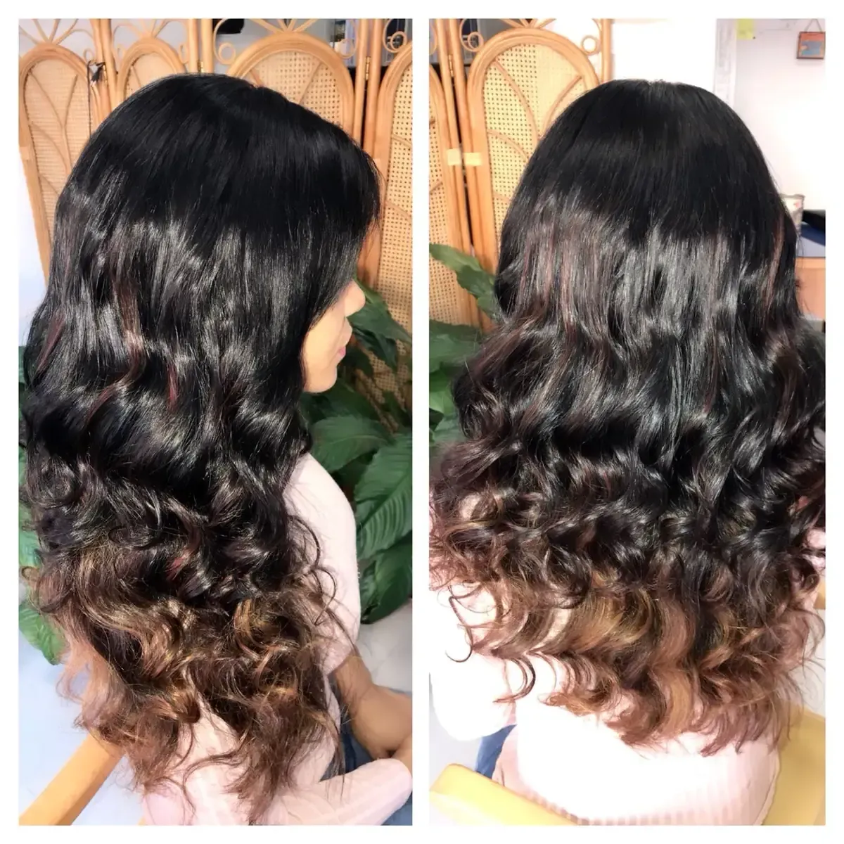 Mujer con cabello largo y rizado y lápiz labial morado, mirando de reojo contra un muro de piedra cubierto de hojas.