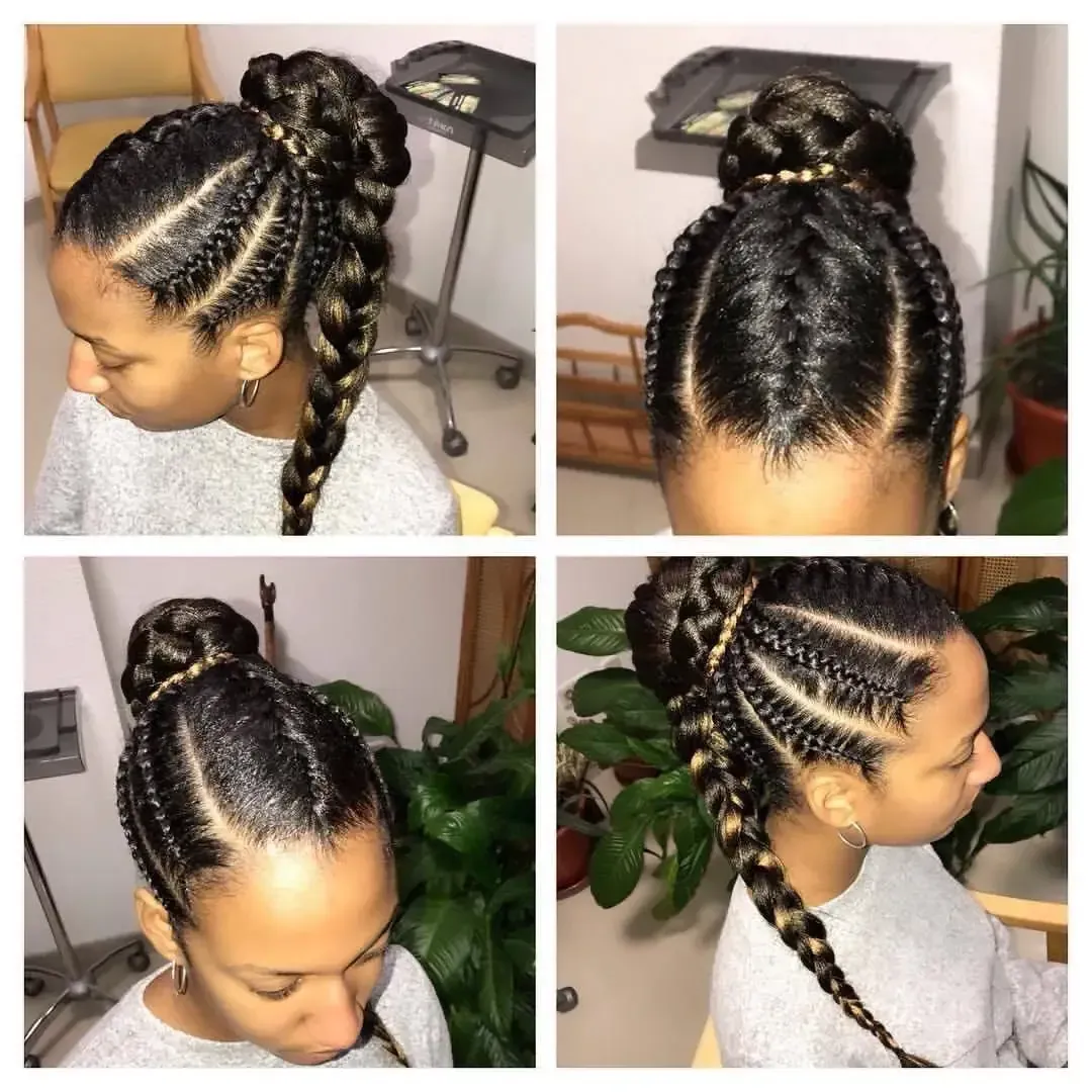 Perfil de una mujer con el cabello trenzado cayendo hacia atrás sobre un fondo gris liso.
