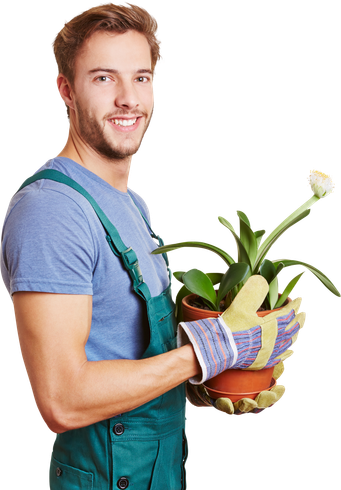 Un jardinier avec un pot de fleurs