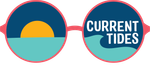 Sunglasses with a beach scene in one lens and the words "Current Tides" in the other.