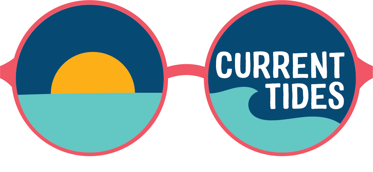 Sunglasses with a beach scene in one lens and the words "Current Tides" in the other.