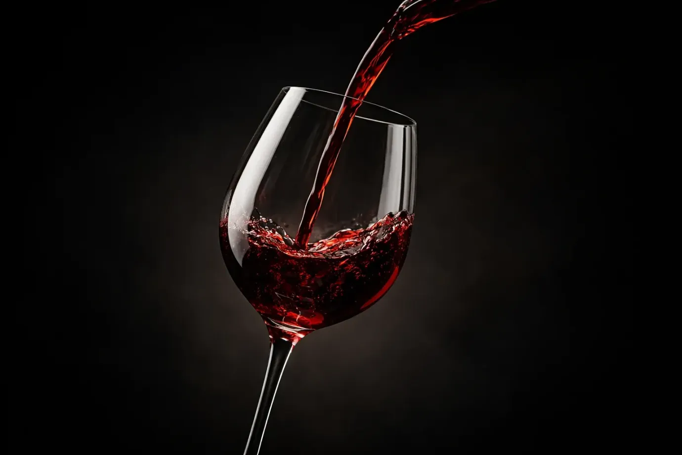 Se vierte vino tinto en una copa transparente sobre un fondo oscuro.