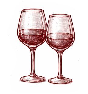 Dos bocetos a tinta de tonos rojizos de copas de vino con tallo, parcialmente llenas de líquido, sobre un fondo blanco.