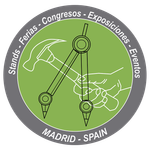 Logotipo de círculo verde con mano sosteniendo brújula y martillo, texto "Stands, Ferias, Congresos, Exposiciones, Eventos" y "Madrid - España".