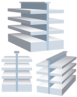 Estantes de exhibición blancos en diferentes ángulos.