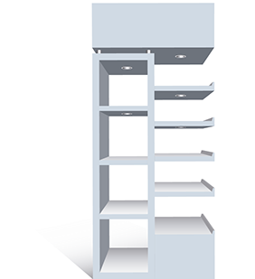 Exhibidor comercial blanco con estantes e iluminación cenital.