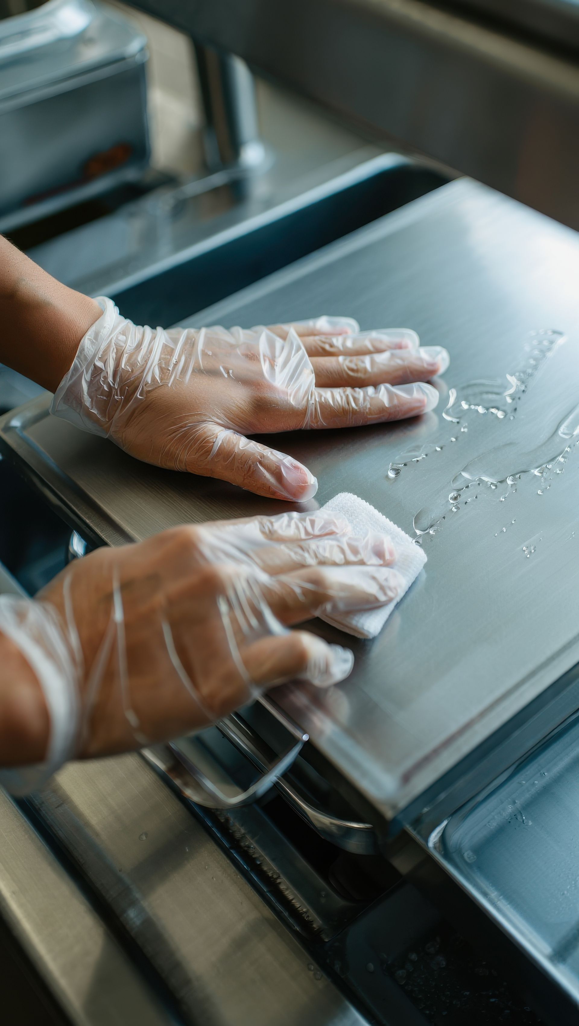 Des mains gantées essuient un comptoir en acier inoxydable avec un chiffon, des gouttelettes d'eau étant visibles à sa surface.