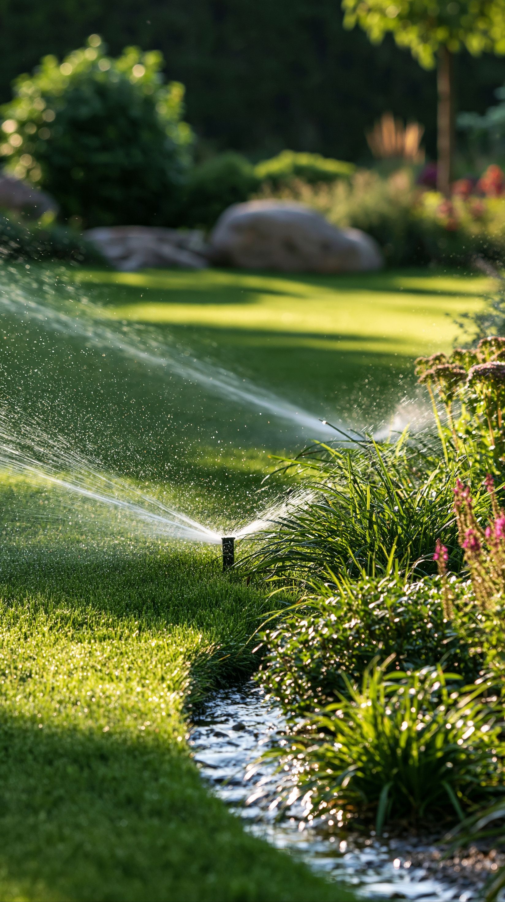 Arroseur de pelouse projetant de l'eau sur un jardin verdoyant luxuriant, à côté d'un parterre de fleurs.