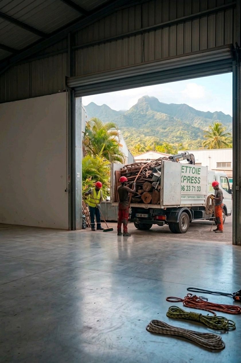 Des ouvriers chargent un camion dans l’embrasure d’un entrepôt, avec des montagnes visibles à l’extérieur.