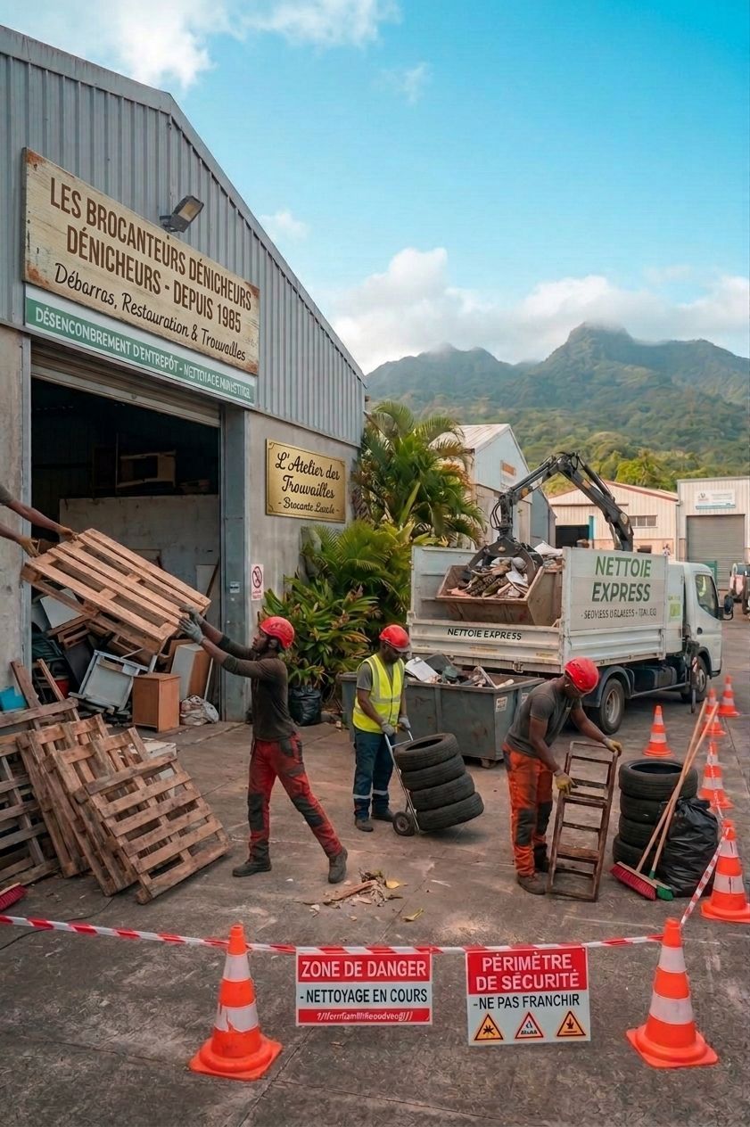 Des ouvriers en gilets de sécurité réparent une route devant un entrepôt, avec des cônes, des barrières et une excavatrice.