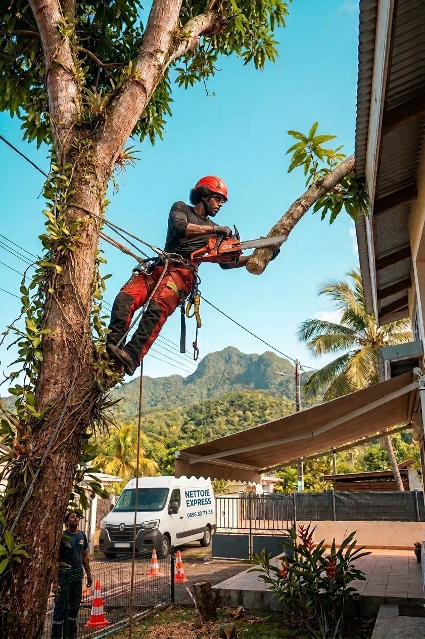 Un ouvrier en tenue de sécurité rouge élague un arbre près d’un bâtiment, avec des montagnes et des véhicules en arrière-plan.