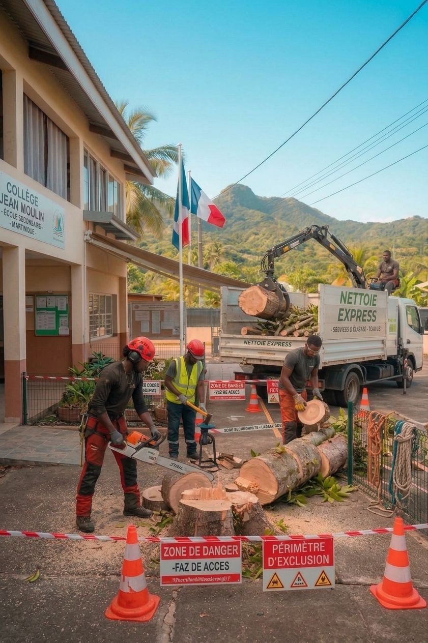 Des ouvriers débitent le tronc d’un arbre tombé dans une rue, avec un bâtiment, un camion et des montagnes en arrière-plan.