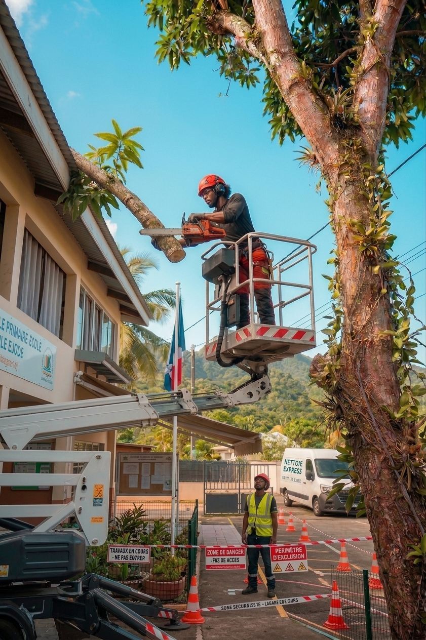 Un ouvrier portant un casque rouge dans une nacelle élévatrice taille un arbre près d’un bâtiment, avec des cônes de signalisation en dessous.