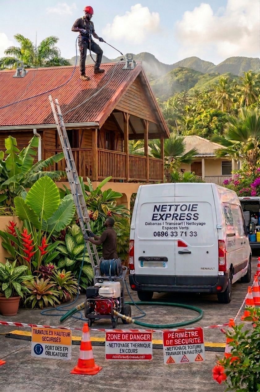 Un ouvrier sur une échelle nettoie une maison au toit rouge, au-dessus d’une camionnette Net Zero Express et de panneaux de mise en garde.