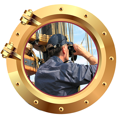 Ein Mann schaut durch ein Fernglas in einem Bullauge