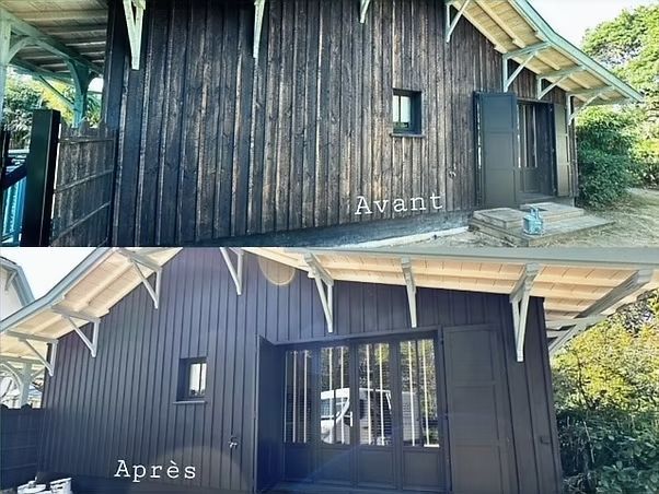 Avant et après d'un petit bâtiment à la façade noire. L'avant est délavé, l'après est fraîchement repeint.