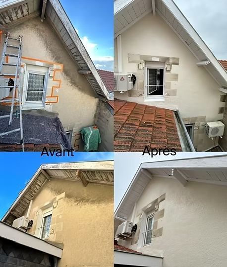 Photos avant/après de l'extérieur de la maison, montrant la restauration de la peinture