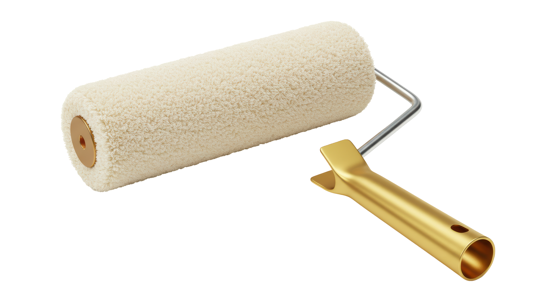 Rouleau à peinture avec un rouleau beige et un manche doré, coudé sur fond blanc.