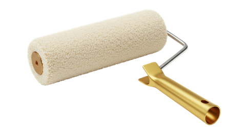Rouleau à peinture avec un rouleau beige et un manche doré, coudé sur fond blanc.