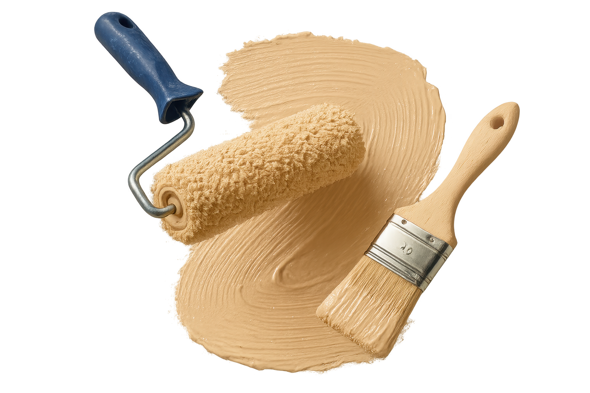 Rouleau à peinture et pinceau sur un tourbillon de peinture beige.