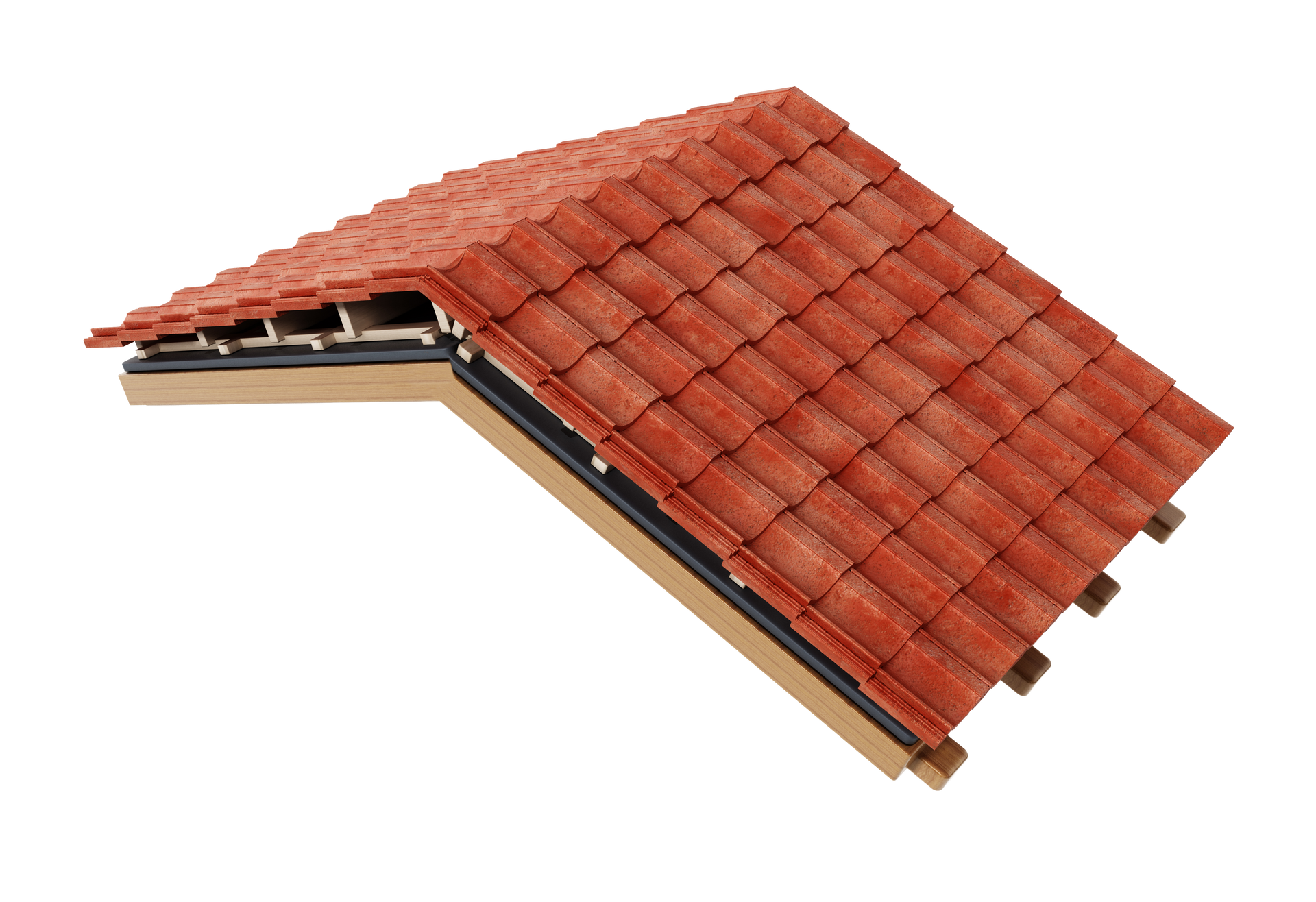 Coupe de toit en tuiles rouges, vue d'angle.