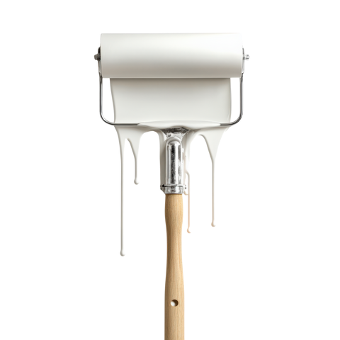 Rouleau à peinture dégoulinant de peinture blanche.