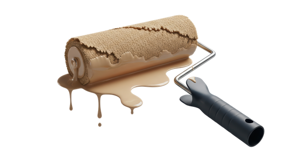 Rouleau à peinture faisant couler de la peinture beige sur une surface blanche.