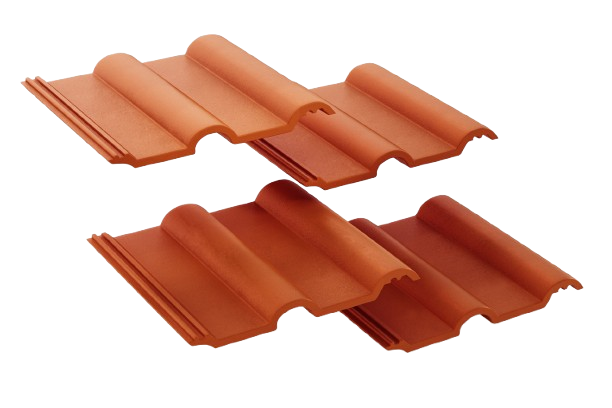 Deux tuiles en argile de couleur terre cuite se chevauchant, présentant un motif strié et un sommet incurvé.