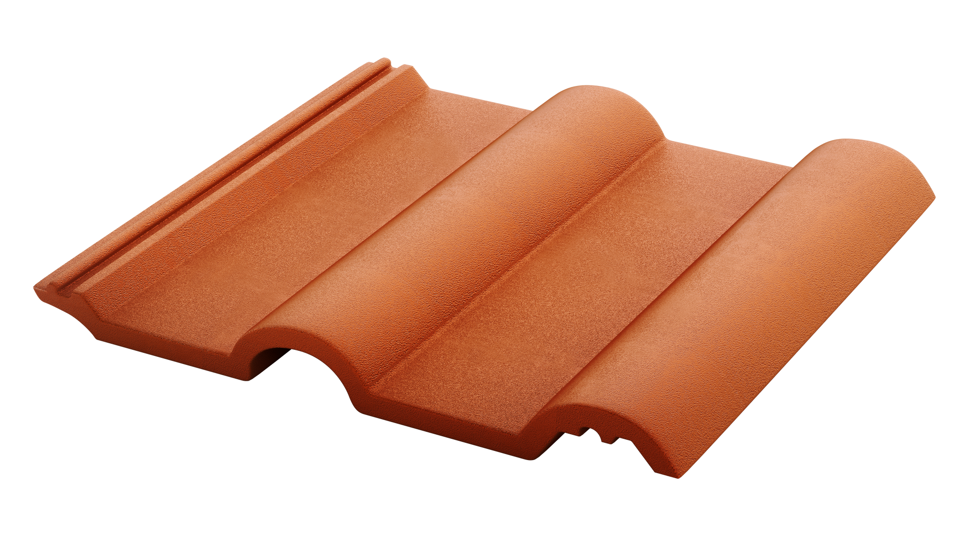 Tuile de couleur terre cuite à arêtes arrondies et anguleuses.