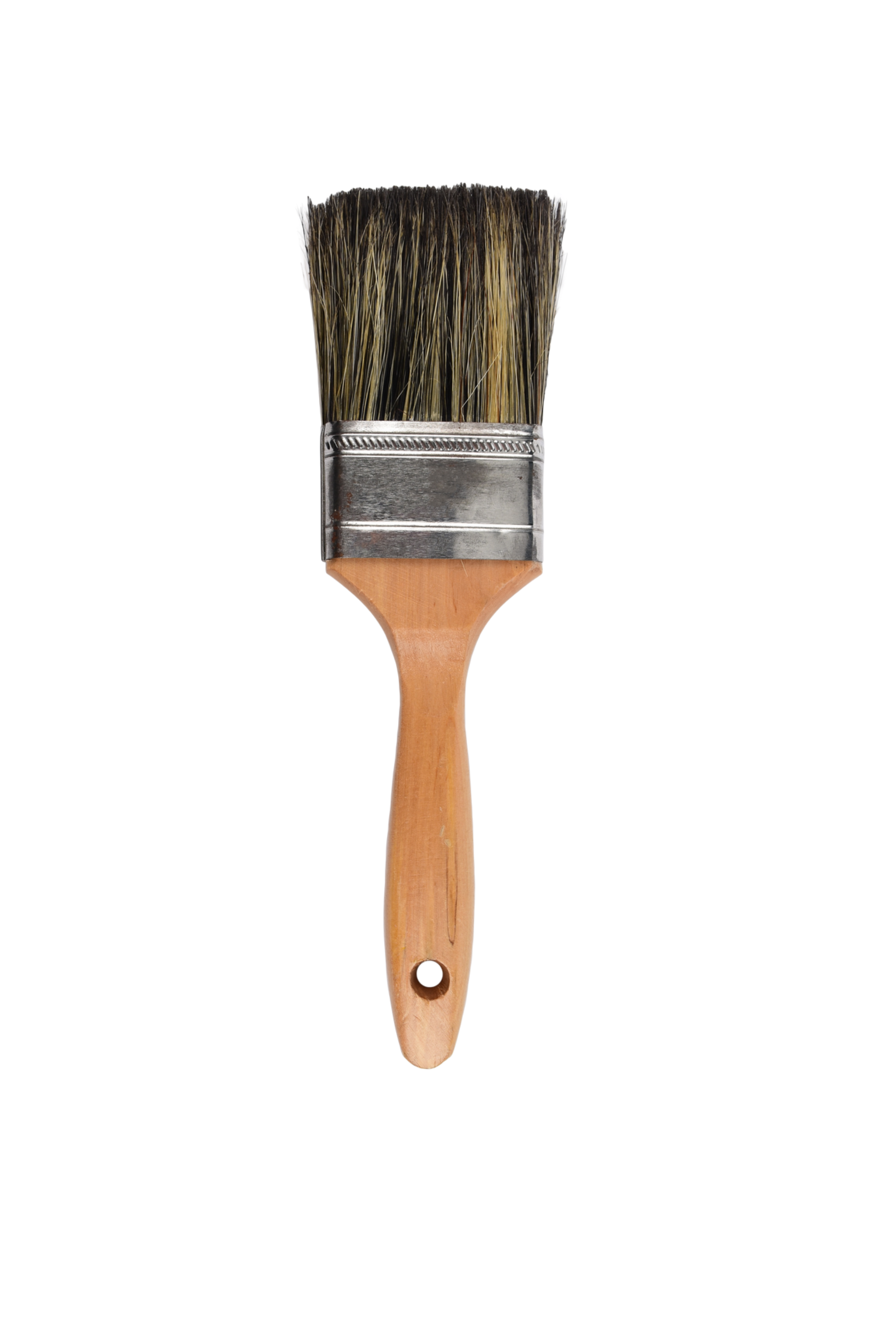 Pinceau à manche en bois et poils recouverts de peinture séchée, sur fond blanc.