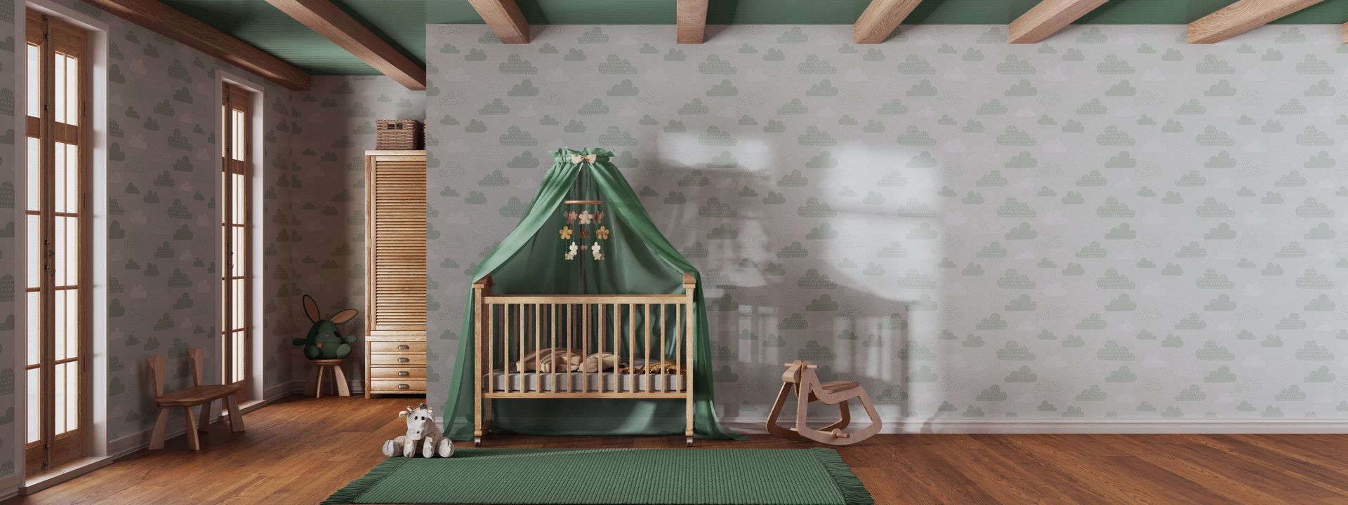 Une chambre d'enfant lumineuse avec un berceau, un tapis, du parquet et du papier peint texturé.