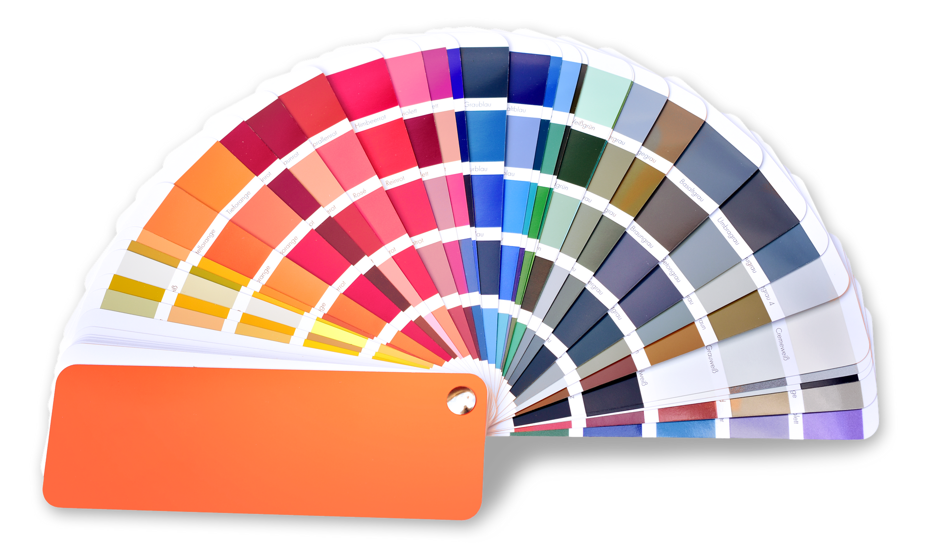 Éventail de palettes de couleurs avec une gamme de teintes, principalement des couleurs chaudes, pour la sélection de peinture.