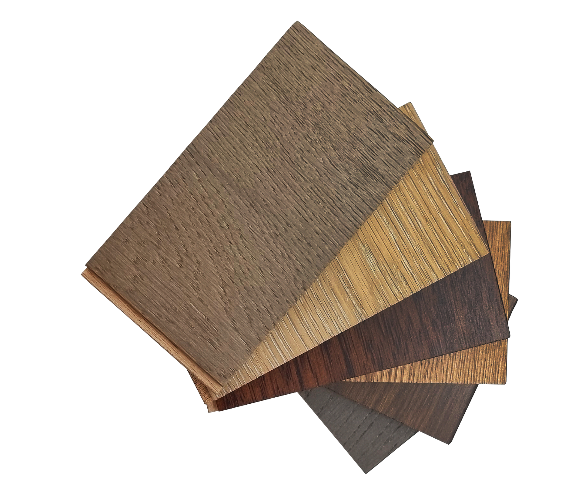 Des échantillons de parquets en bois sont présentés en éventail, présentant diverses nuances de brun et de beige.