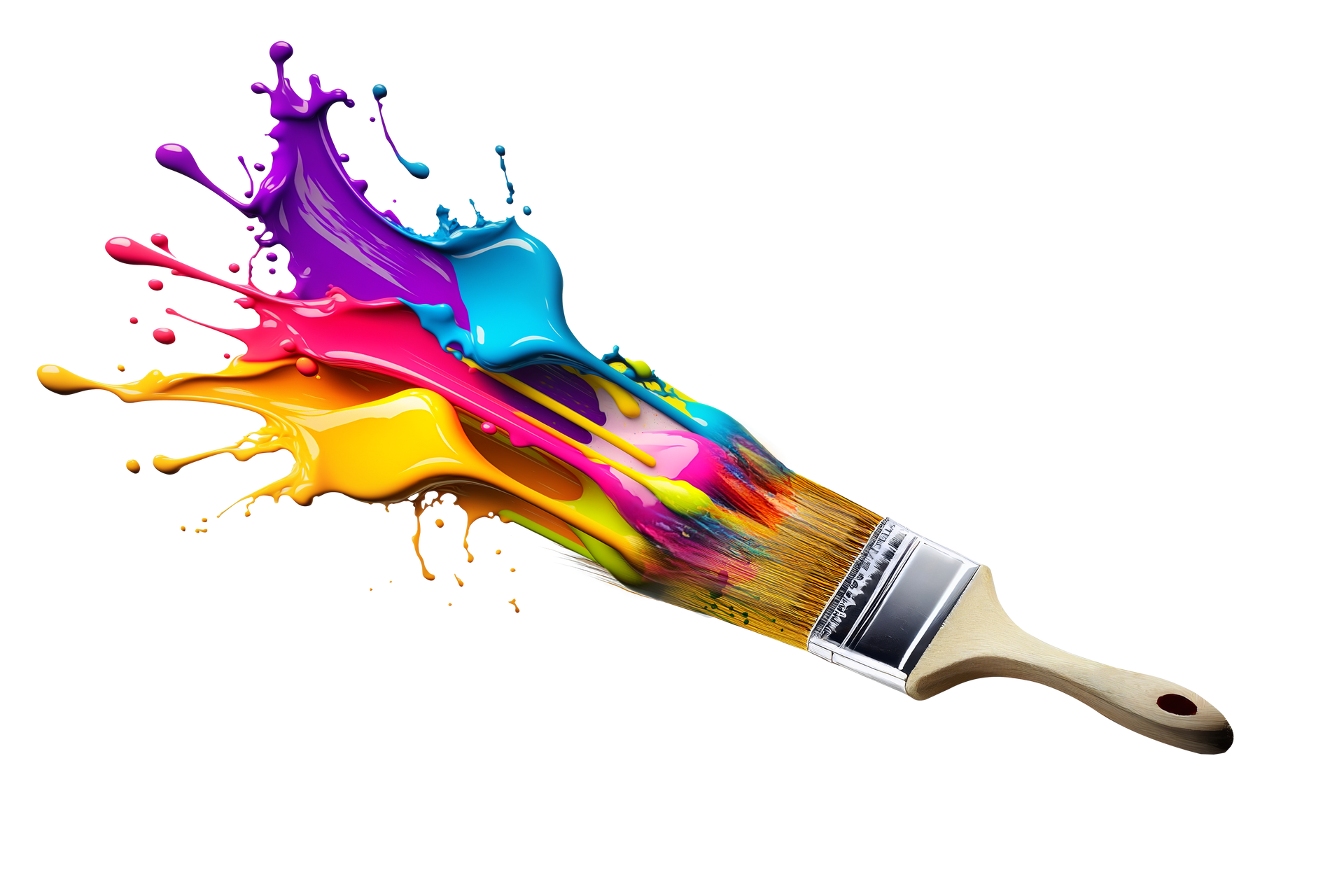 Pinceau avec une explosion d'éclaboussures de peinture jaune, rose, bleue et violette.