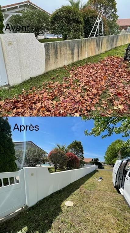 Avant et après : un mur nettoyé et peint en blanc, sur une colline herbeuse.