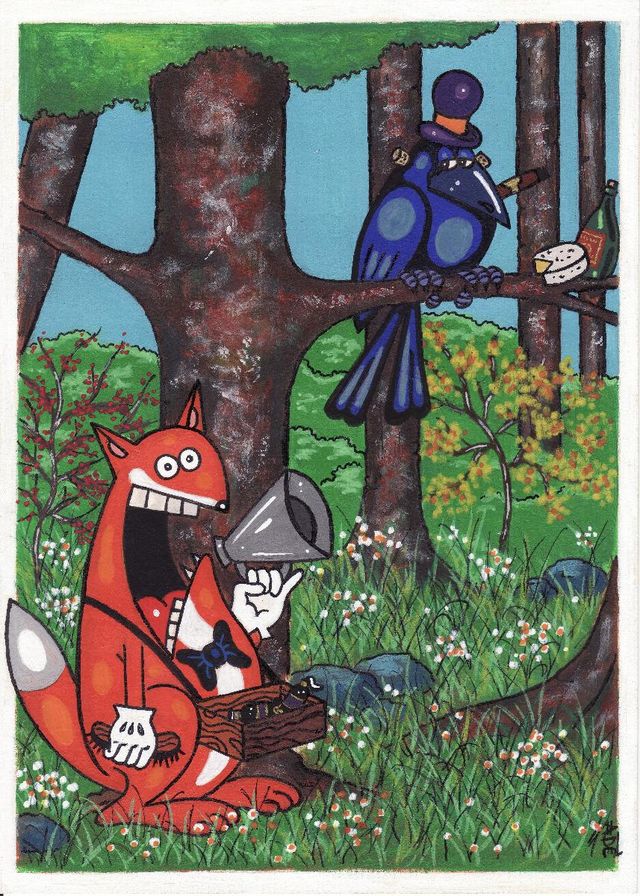 Tableau représentant un renard avec mégaphone et un corbeau qui n'entends pas bien