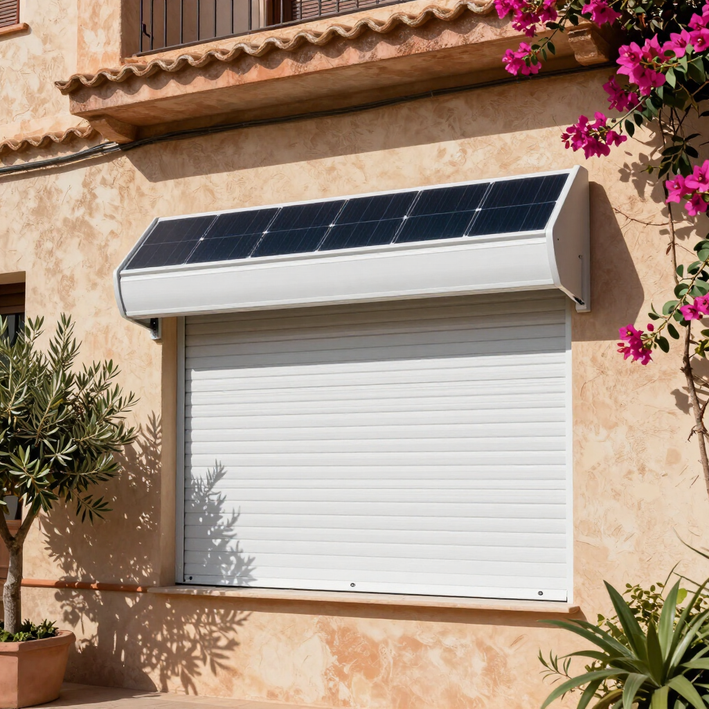 Volet roulant blanc avec panneau solaire sur un mur en stuc beige, encadré de plantes en pot et de fleurs roses