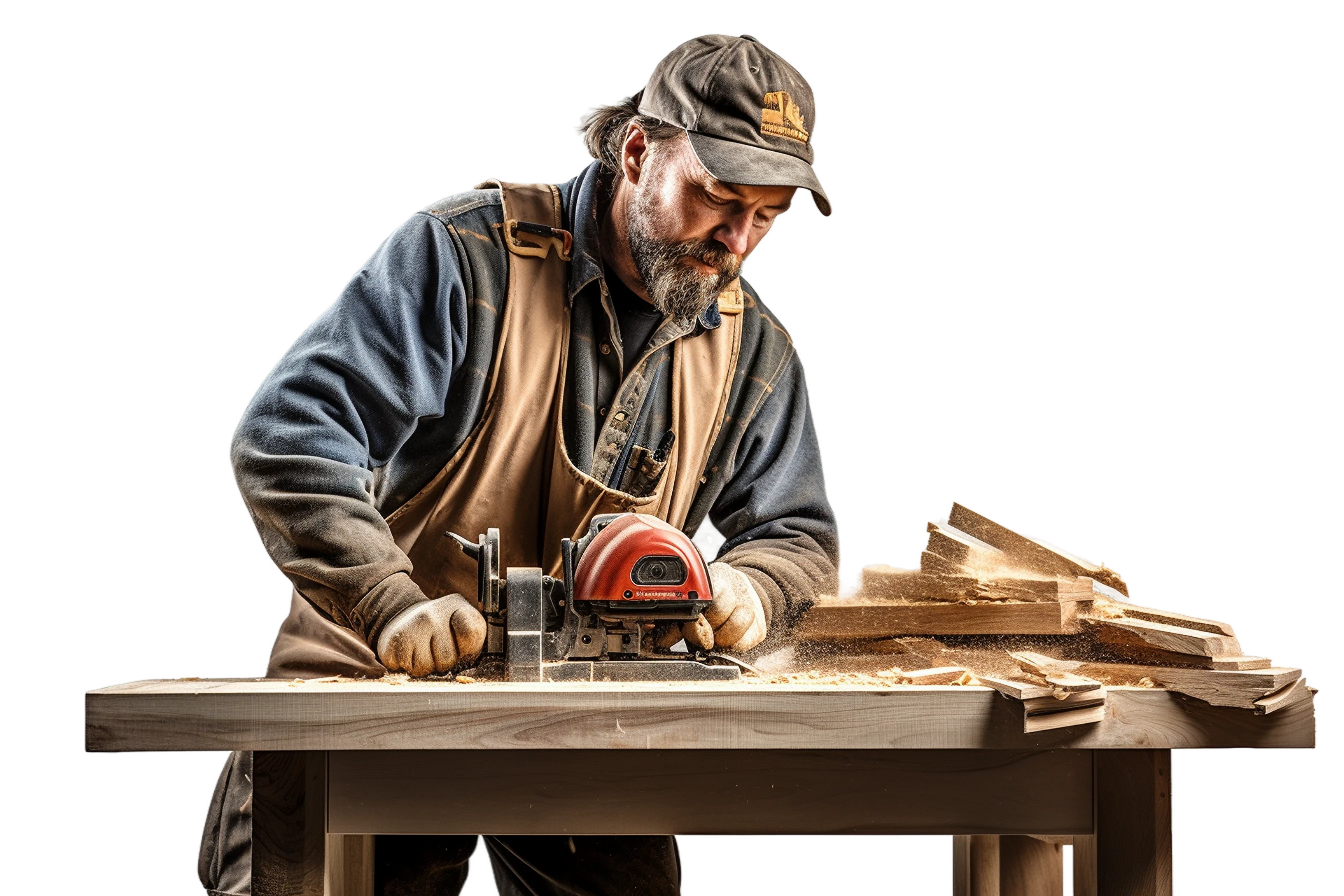 Menuisier en plein travail de découpe